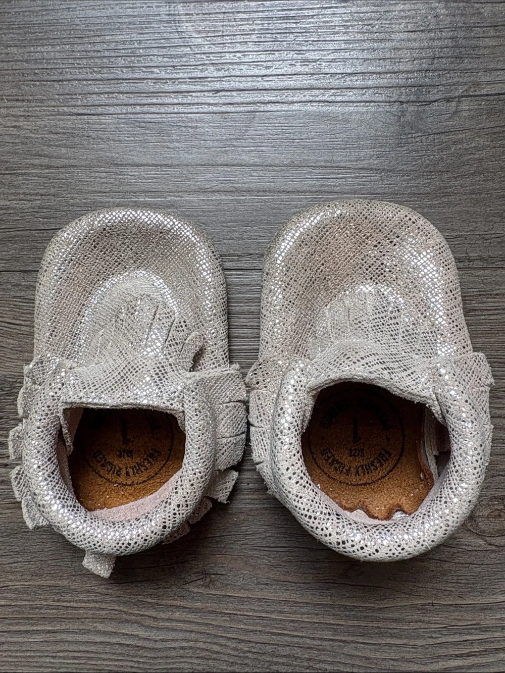 Freshly Picked Infants Leather Fringe Moccasins Metallic Size 1